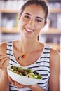 Morning, woman and portrait in home with salad or healthy snack for nutrition, fiber and protein for day. Female person Royalty Free Stock Photo