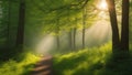 morning in the woods a path through a forest with sun shining through the trees in summer Royalty Free Stock Photo