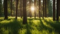 morning in the woods a summer sunny forest with green grass and trees shining in the sunlight summer, sunny, Royalty Free Stock Photo