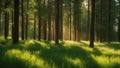 morning in the woods a summer sunny forest with green grass and trees shining in the sunlight summer, sunny, Royalty Free Stock Photo