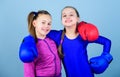 Morning workout. Happy children sportsman in boxing gloves. Fitness diet. energy health. workout of small girls boxer in Royalty Free Stock Photo