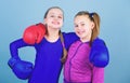 Morning workout. Happy children sportsman in boxing gloves. Fitness diet. energy health. workout of small girls boxer in Royalty Free Stock Photo