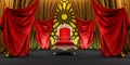 moroccan arabesque background with red and golden curtains on the side and king armchair,