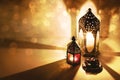 Moroccan Arabic lanterns, burning candles glowing at night. Date fruit on the table. Greeting card, invitation for