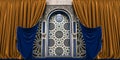 moroccan arc door with blue and golden curtains on the side and arabesque style, islamic vip concept, ramadan, eid mubarak, blue a