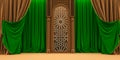 moroccan arc door with green and golden curtains on the side and arabesque style, islamic vip concept, ramadan, eid mubarak, green