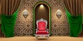 Moroccan arc door with green and golden curtains on the side and arabesque style and king armchair, islamic vip concept, ramadan,