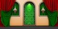 Moroccan arc door with green and red curtains on the side and arabesque style, islamic vip concept, ramadan, eid mubarak, green an