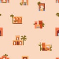 Moroccan architecture, seamless pattern design. Morocco buildings, gates, arches, endless background. Repeating print