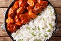 Moroccan beef stew with apples in tomato sauce served with rice closeup on a plate. horizontal top view