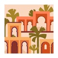 Moroccan Berber architecture card. Morocco building, arch gates, Maroc arcs, palm trees. Traditional Muslim Medina