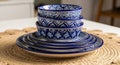 Moroccan blue ceramic dish set stacked on a woven mat Royalty Free Stock Photo