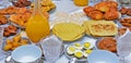 Moroccan breakfast coffee, tea, pancakes, jam, orange juice, egg