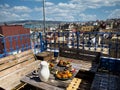 Moroccan breakfast on one of Tangier rooftops. Tangier is located in the north of Morocco Royalty Free Stock Photo