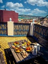 Moroccan breakfast on one of Tangier rooftops. Tangier is located in the north of Morocco Royalty Free Stock Photo