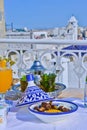 Moroccan breakfast with tea and eggs with bacon Royalty Free Stock Photo