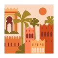 Moroccan card. Morocco building, arches, Marrakech Berber architecture. Sun and palm trees in Medina, Marrakesh, square