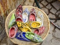 Moroccan colorful ceramic shoes at Morocco Marrakech medina Royalty Free Stock Photo