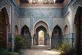 Moroccan Courtyard Oasis with Lush Greenery and Exquisite Blue and White Tiles