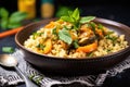 moroccan couscous bowl garnished with fresh mint