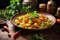 A Moroccan couscous dish garnished with fresh herbs, mediterranean food life style Authentic