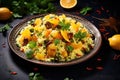 A Moroccan couscous dish garnished with fresh herbs, mediterranean food life style Authentic