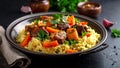 Moroccan Couscous Dish with Meat, Carrots, and Herbs on a Dark Background Royalty Free Stock Photo