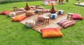 Moroccan decor on the lawn. Grass,