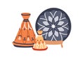 Moroccan dish, conical tagine pot, plate. Morocco kitchen crockery, dishware. Traditional oriental pottery, Marrakech