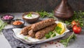 Moroccan food. Traditional homemade kefta of meat. Halal concept. Turkish kebab. Arabic style meal