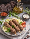 Moroccan food. Traditional homemade kefta of meat. Halal concept. Turkish kebab. Arabic style meal