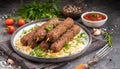 Moroccan food. Traditional homemade kefta of meat. Halal concept. Turkish kebab. Arabic style meal