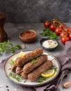 Moroccan food. Traditional homemade kefta of meat. Halal concept. Turkish kebab. Arabic style meal