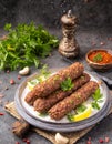 Moroccan food. Traditional homemade kefta of meat. Halal concept. Turkish kebab. Arabic style meal