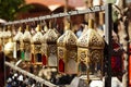 Moroccan glass and metal lanterns lamps in Marrakesh souq Royalty Free Stock Photo