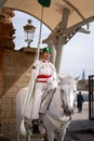 A Moroccan guard on the horse in Hassan Tower in Rabat, Morocco