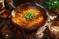 Moroccan Harira Soup with Lentils, Chickpeas, and Spices, Traditional Morocco Harira Soup Royalty Free Stock Photo