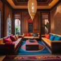 A Moroccan-inspired lounge area with colorful rugs, mosaic tables, and intricately patterned textiles5