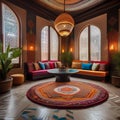 A Moroccan-inspired lounge area with colorful rugs, mosaic tables, and intricately patterned textiles1