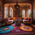 A Moroccan-inspired lounge area with colorful rugs, mosaic tables, and intricately patterned textiles3