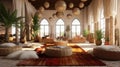 Moroccan Interior Design Living Room with Many Fur Rugs Pillows Plants Silk Hanging In Circle From Ceiling Background