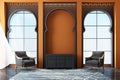 Moroccan interior space with Arabic laser cut patterns at windows and furniture