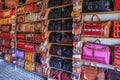 Moroccan leather bags at a market in Fes Morocco