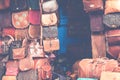 Moroccan leather goods bags and slippers at outdoor market in Ma Royalty Free Stock Photo