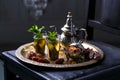 Moroccan mint tea in the traditional glasses on a tray and kettle