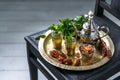 Moroccan mn tea in traditional glasses with mint, dates and sugar Royalty Free Stock Photo