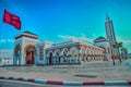 Moroccan mosque with the banner of Morocco. Port of Tangier