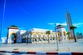 Moroccan mosque with the banner of Morocco. Port of Tangier