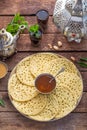 Moroccan pancakes Baghrir or crepes with 1000 holes served with honey and mint tea