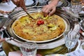 Moroccan pastilla or bastila with seafood, shrimp and calmari. Royalty Free Stock Photo